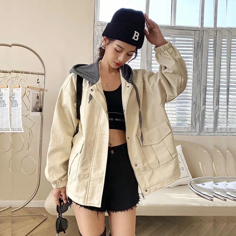Spring New Women Contrast Color Patchwork Hooded Faux PU Leather Coat Autumn Loose Casual Pocket Female Motorcycle Biker Jacket
Spring New Women Contrast Color Patchwork Hooded Faux PU Leather Coat Autumn Loose Casual Pocket Female Motorcycle Biker Jacket