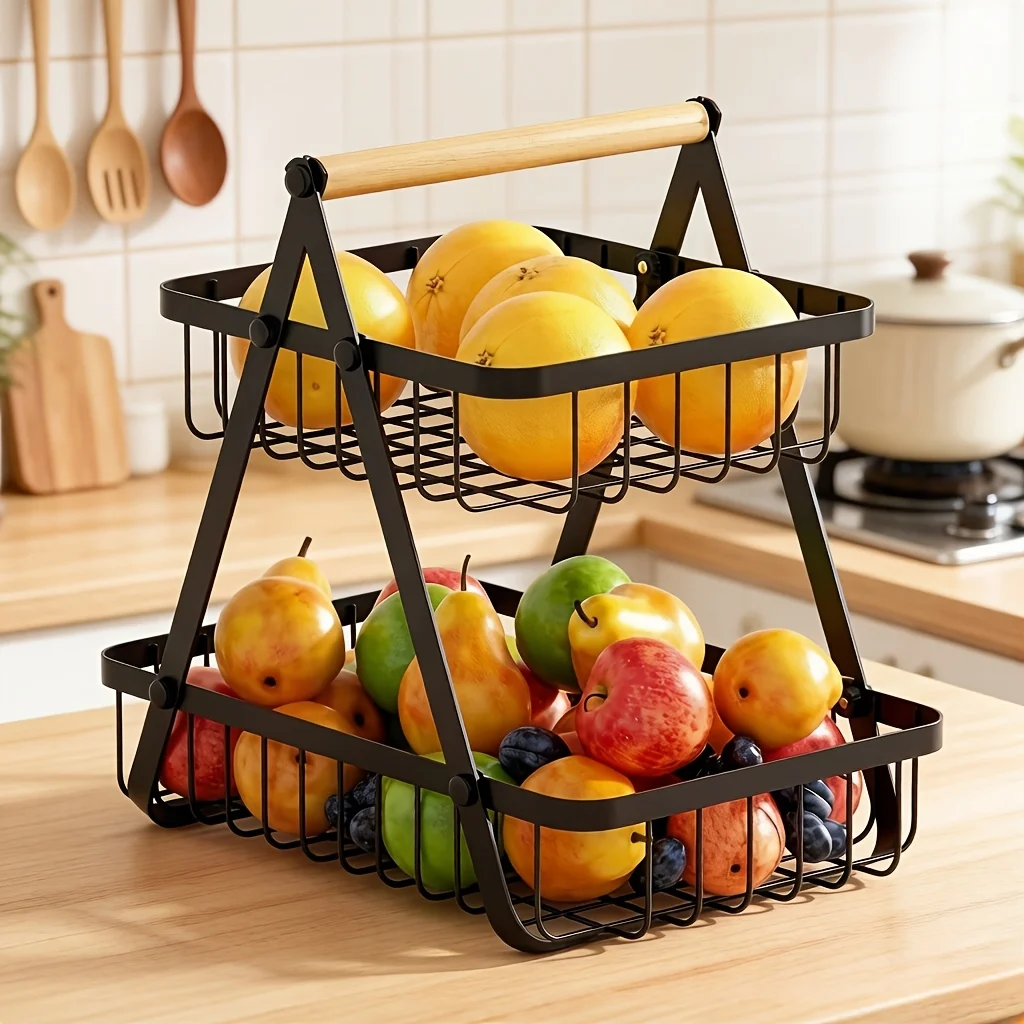 2-tier Countertop Fruit Basket for Dining Room and Kitchen, Detachable Metal Organizer for Bread, Vegetables, and Fruits, with Wooden Handle, Large-capacity Rectangular Storage Rack Bowl, Black
2-tier Countertop Fruit Basket for Dining Room and Kitchen, Detachable Metal Organizer for Bread, Vegetables, and Fruits, with Wooden Handle, Large-capacity Rectangular Storage Rack Bowl, Black