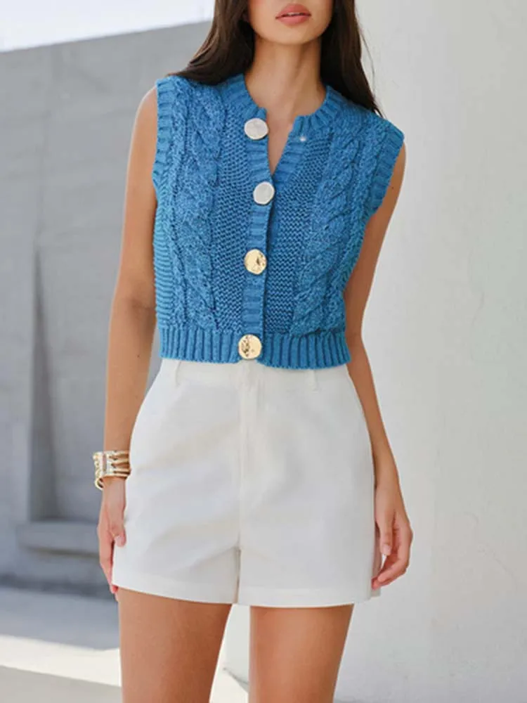 Women's blue twisted rope pattern woolen round neck cardigan vest with gold button design, suitable for home and daily travel
Women's blue twisted rope pattern woolen round neck cardigan vest with gold button design, suitable for home and daily travel