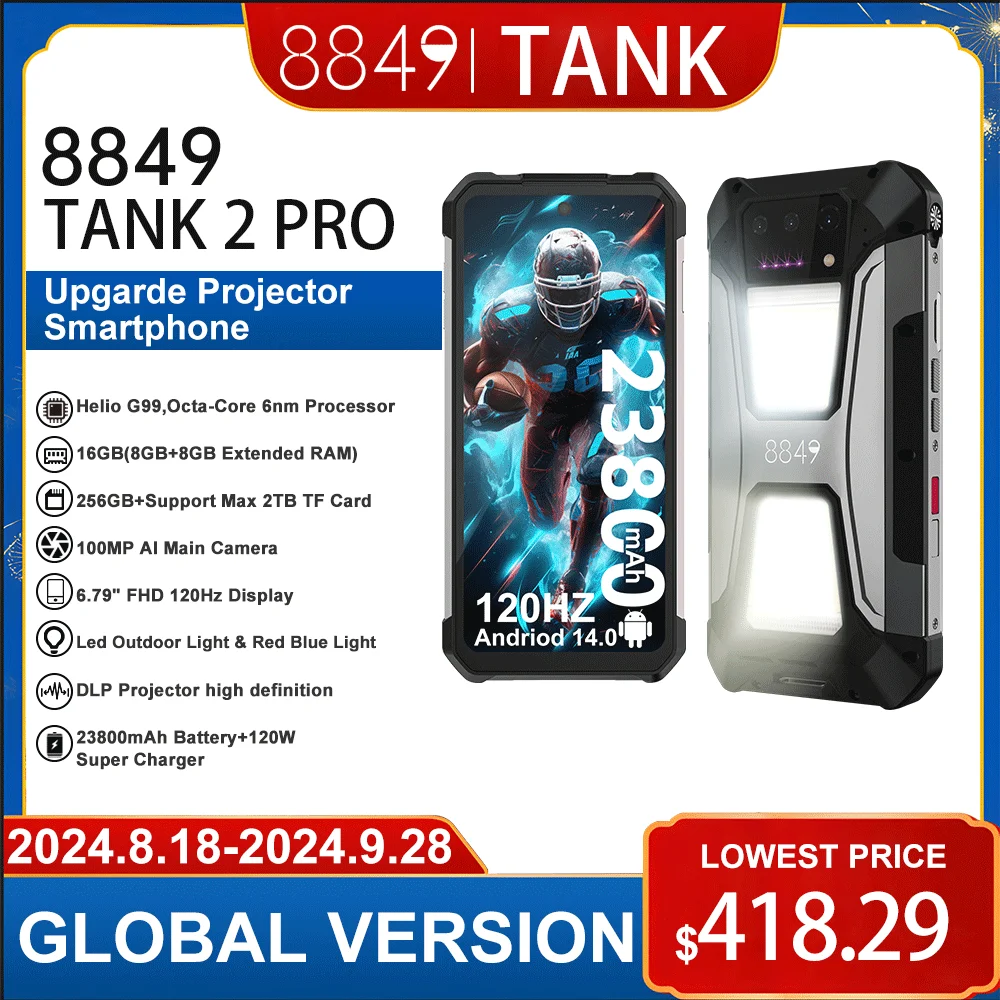 8849 Tank 2 PRO с проектором 6,79 дюйма, дисплей 2,4K, 16 ГБ, 256 ГБ, 100 МП, задняя камера, 23800 мАч, 120 Вт, Android 14 Dual Sim NFC OTG
8849 Tank 2 PRO с проектором 6,79 дюйма, дисплей 2,4K, 16 ГБ, 256 ГБ, 100 МП, задняя камера, 23800 мАч, 120 Вт, Android 14 Dual Sim NFC OTG