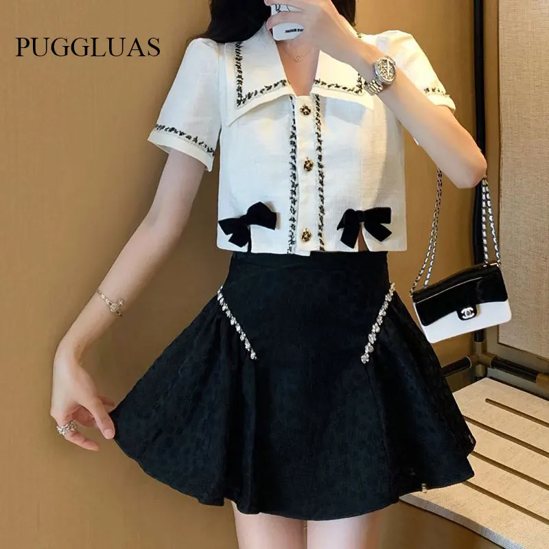 Summer Korea Sweet Two Piece Set Women Fashion Lapel Bow Crop Top Kawaii Mini Skirt Set Female Slim Fit Party Suit Outfit 2023
Summer Korea Sweet Two Piece Set Women Fashion Lapel Bow Crop Top Kawaii Mini Skirt Set Female Slim Fit Party Suit Outfit 2023