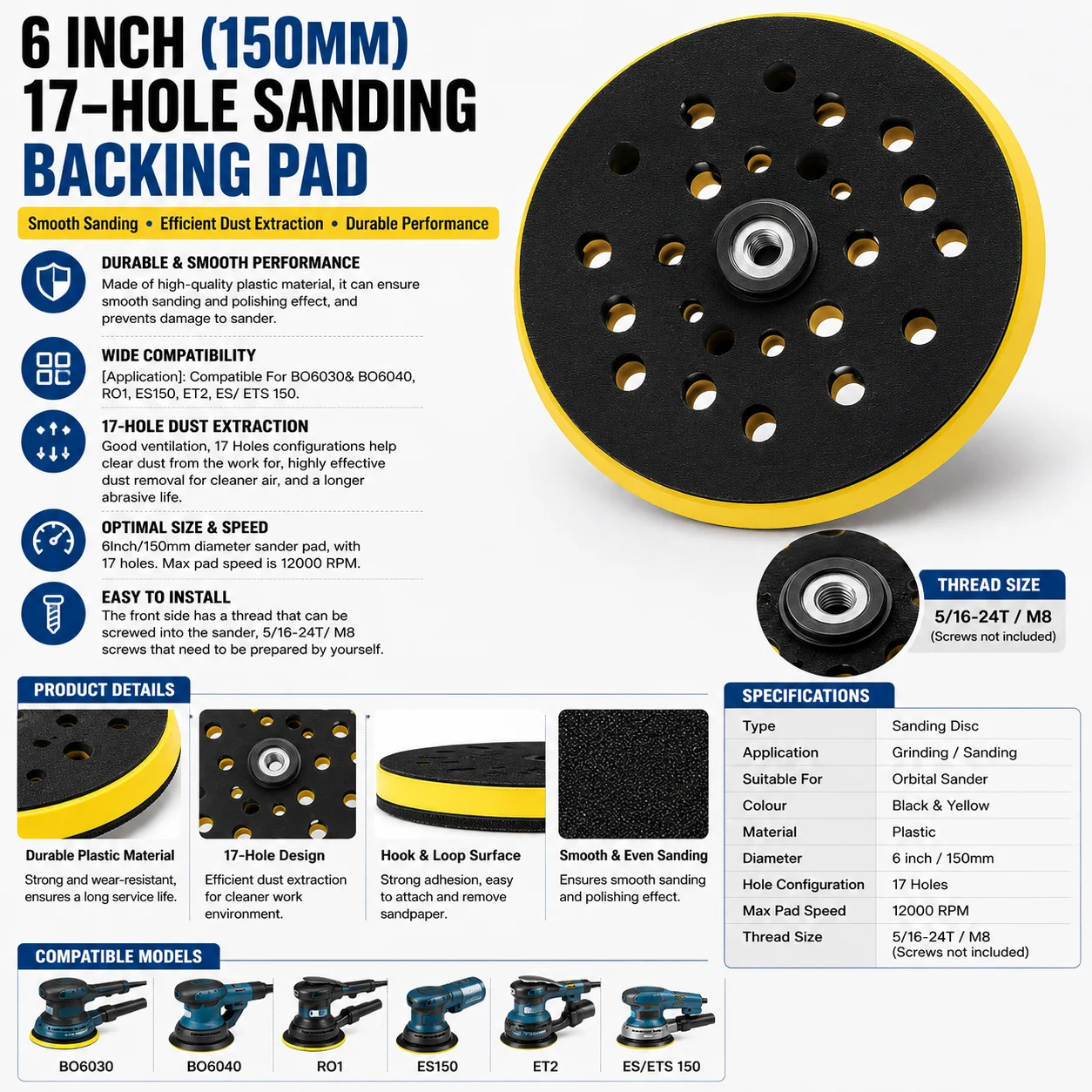 6 Inch 150mm 17 Hole Sanding Backing Pad Hook Loop Replacement Pad for Orbital Sander BO6030 BO6040 ES150 ET2 ES ETS150
6 Inch 150mm 17 Hole Sanding Backing Pad Hook Loop Replacement Pad for Orbital Sander BO6030 BO6040 ES150 ET2 ES ETS150
