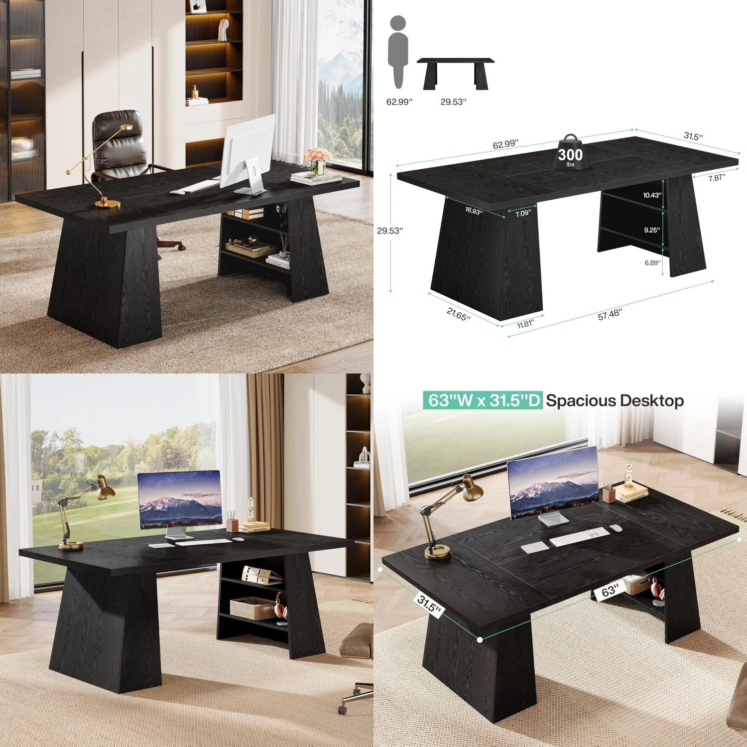 63" Executive Desk Black Double Pedestal Storage Shelves Home Office Computer Writing Conference Table, Customized
63" Executive Desk Black Double Pedestal Storage Shelves Home Office Computer Writing Conference Table, Customized