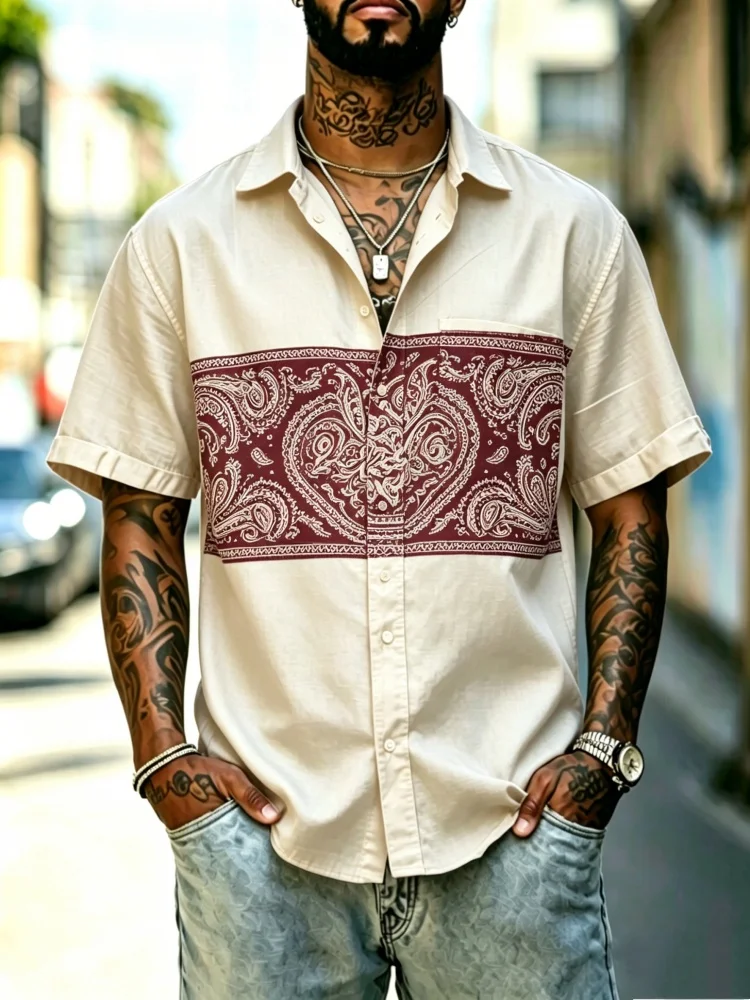 Men's Paisley Print Panel Short Sleeve Shirt With Chest Pocket, Loose Comfort Casual Button-Down Streetwear Top
Men's Paisley Print Panel Short Sleeve Shirt With Chest Pocket, Loose Comfort Casual Button-Down Streetwear Top
