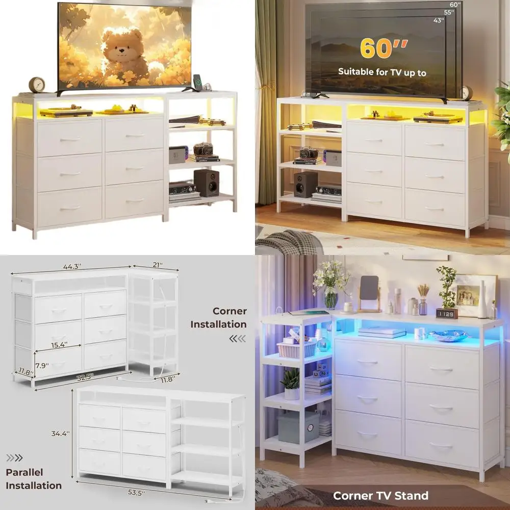 Подставка для 60-дюймового LED-телевизора с подсветкой и зарядной станцией, белая, L-образная конструкция с ящиками и полками
Подставка для 60-дюймового LED-телевизора с подсветкой и зарядной станцией, белая, L-образная конструкция с ящиками и полками