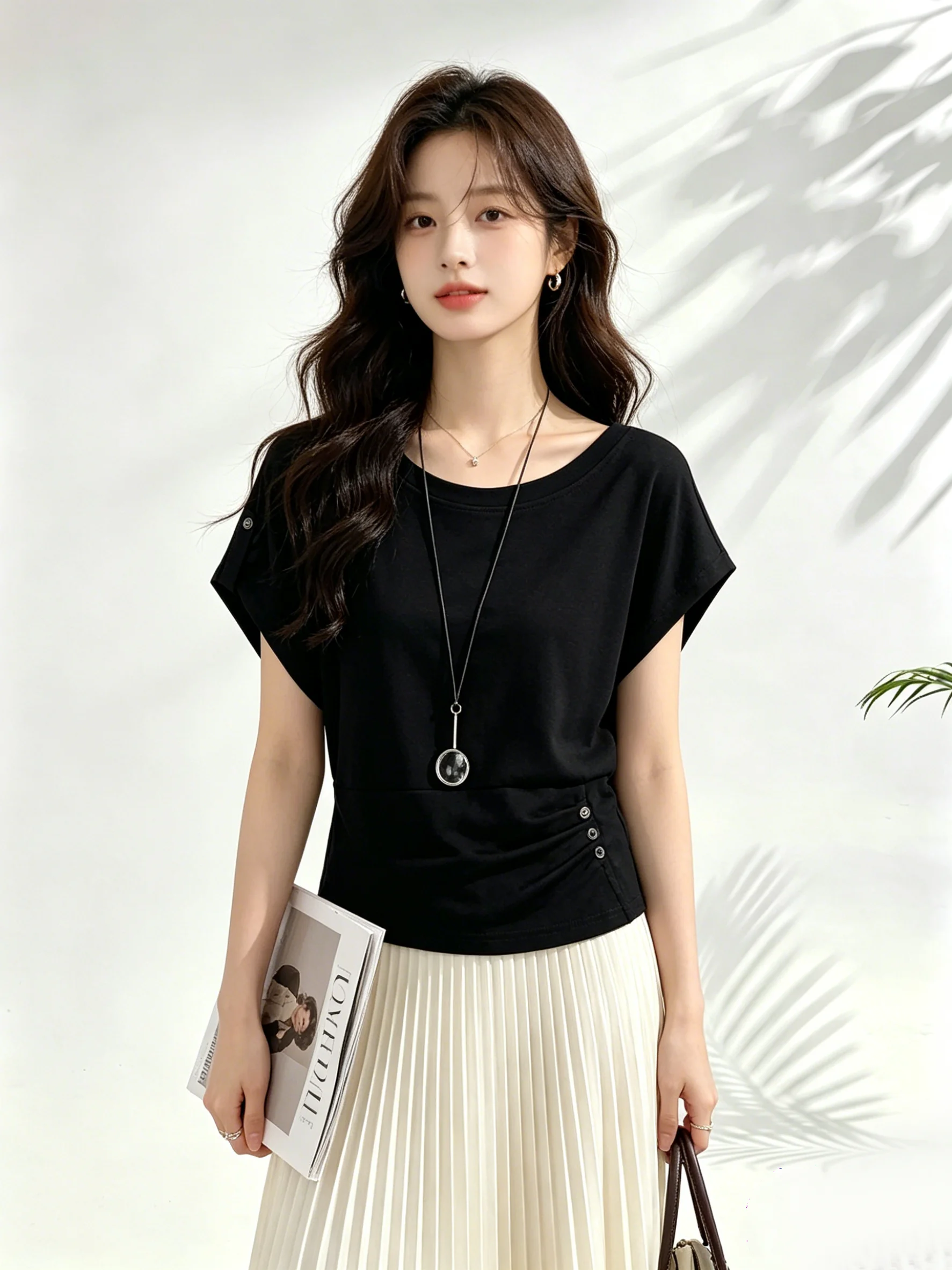 Chic American Retro Design Button Fold Short Sleeve T-Shirt Shoulder Baring Top Summer Loose Versatile Skin-friendly Women
Chic American Retro Design Button Fold Short Sleeve T-Shirt Shoulder Baring Top Summer Loose Versatile Skin-friendly Women