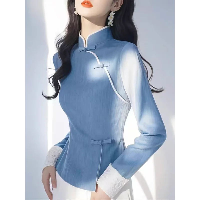 New Chinese Style National Style Blue Stand-collar Long-sleeved Shirt Women 2025 Autumn New Retro Disc Button Stitching Shirt
New Chinese Style National Style Blue Stand-collar Long-sleeved Shirt Women 2025 Autumn New Retro Disc Button Stitching Shirt