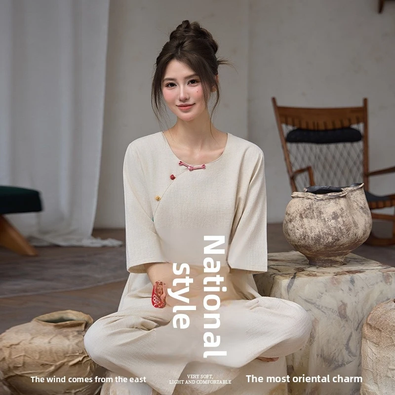 2pcs Women's Pajama Set Retro Oriental Style Linen Cotton Solid Color Colorful Buttons Round Neck 3/4 Sleeve Long Pants Loose So
2pcs Women's Pajama Set Retro Oriental Style Linen Cotton Solid Color Colorful Buttons Round Neck 3/4 Sleeve Long Pants Loose So