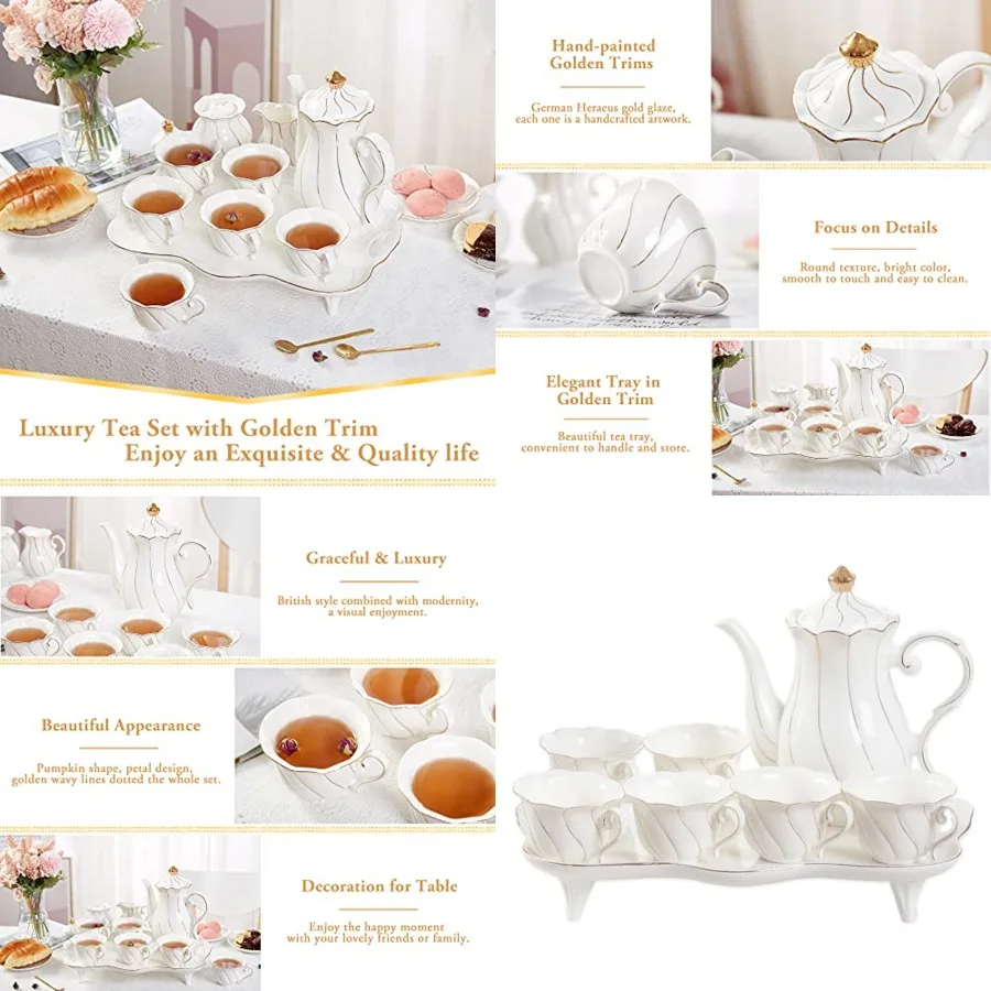 14 pcs Tea Set for 6 with Tea Tray and Spoons, Luxury British Style Coffee Cup Set with Golden Trim, Beautiful Porcelain Set fo
14 pcs Tea Set for 6 with Tea Tray and Spoons, Luxury British Style Coffee Cup Set with Golden Trim, Beautiful Porcelain Set fo