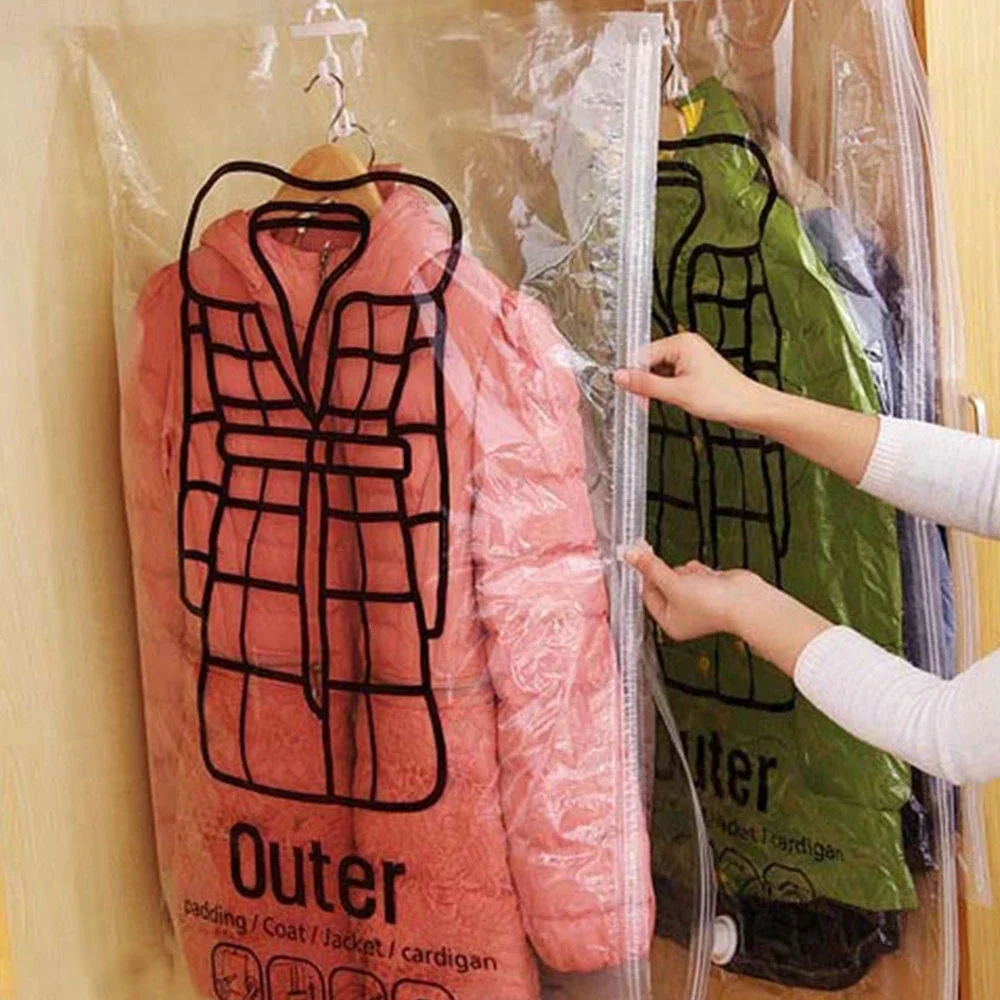 Hangable Transparent Vacuum Storage Bags Compressed Wardrobe Storage Organizer Bag For Clothing Coat Down Jackets Dust Cover
Hangable Transparent Vacuum Storage Bags Compressed Wardrobe Storage Organizer Bag For Clothing Coat Down Jackets Dust Cover