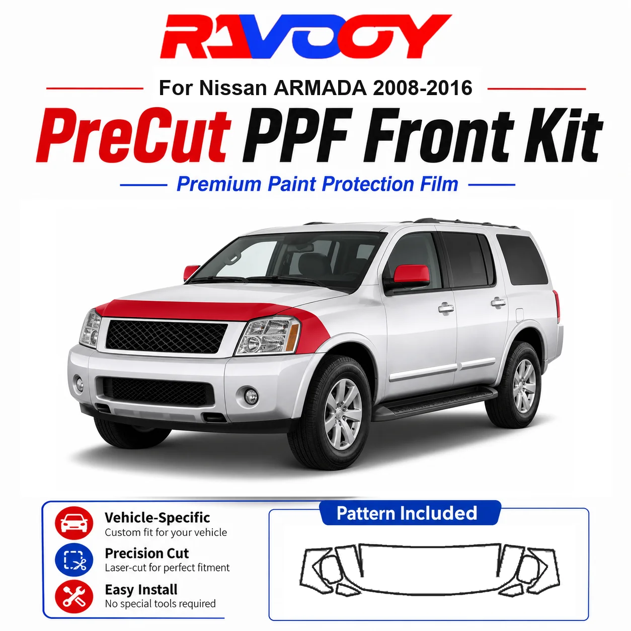 8.5mil TPU Precut PPF Kit For Nissan ARMADA 2008-2016 - Hood, Fenders & Mirror Set - Self-Healing Clear Bra Film
8.5mil TPU Precut PPF Kit For Nissan ARMADA 2008-2016 - Hood, Fenders & Mirror Set - Self-Healing Clear Bra Film