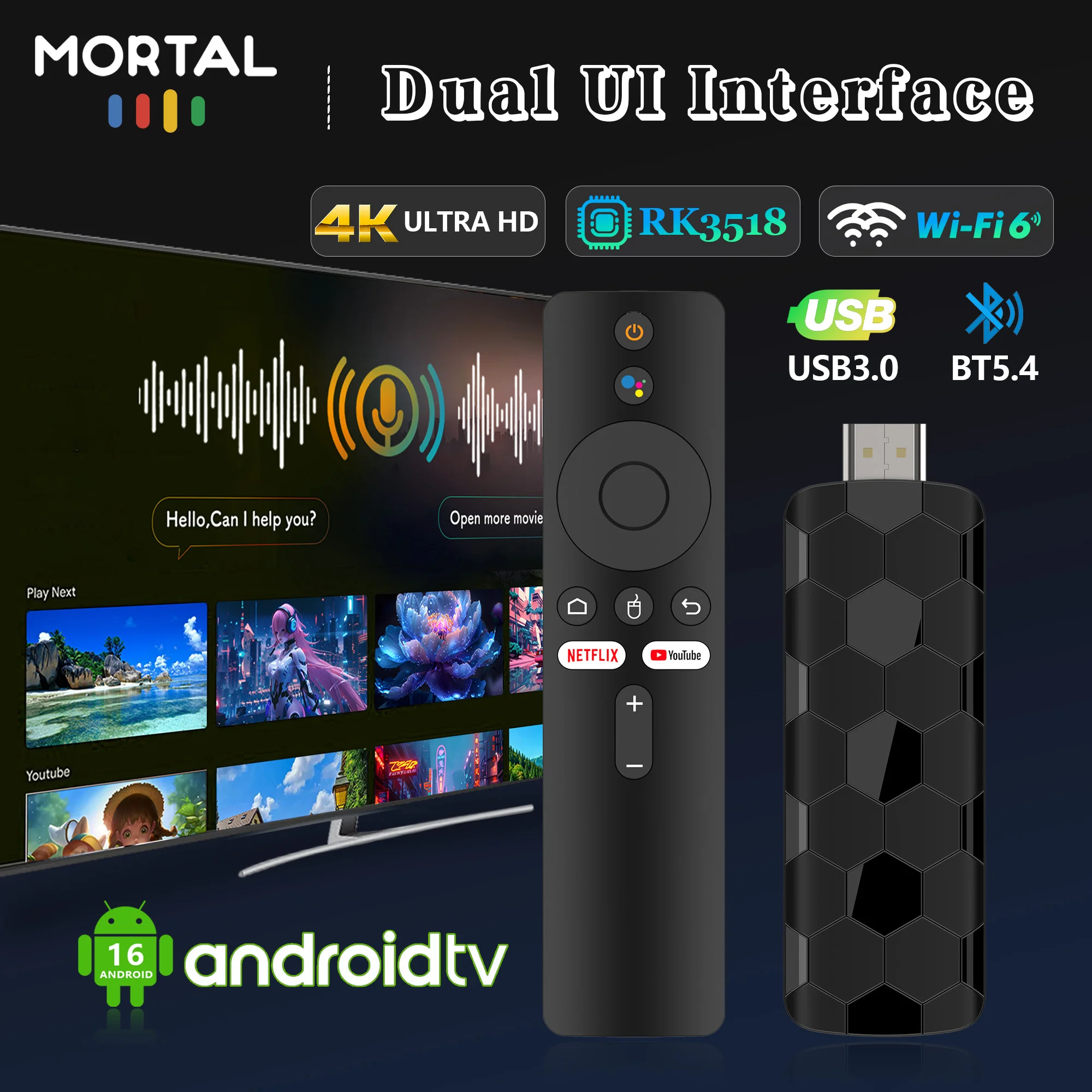 Mini Tv Stick R3+ Android16.0 4K HD Voice Remote 2GB 16G Google Wifi 6 BT5.0 H.264 RK3518 Home Theater Streaming Media Player