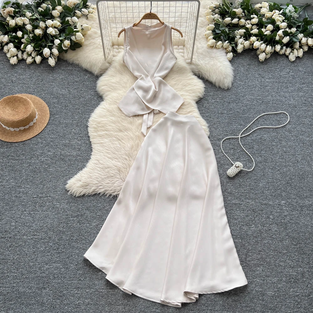Retro lace-up satin Elegant Beach Vacation Dress Women Korean Fashion Summer Vestidos Two Piece Set
Retro lace-up satin Elegant Beach Vacation Dress Women Korean Fashion Summer Vestidos Two Piece Set