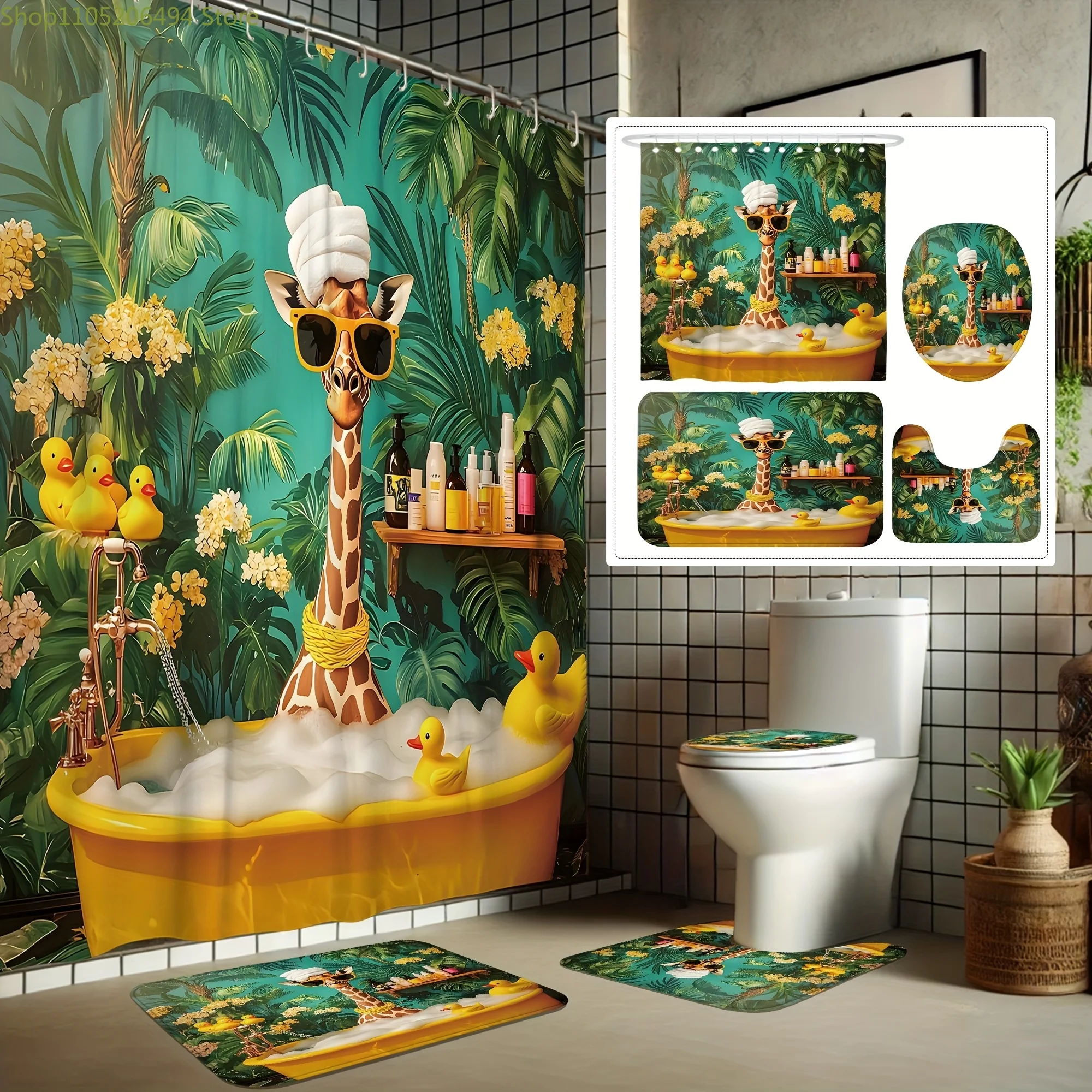 1/4pcs Tropical Jungle Shower Curtain Set with Giraffe, Funny Ducklings, and Greenery Design - Polyester, Machine Washable, In
1/4pcs Tropical Jungle Shower Curtain Set with Giraffe, Funny Ducklings, and Greenery Design - Polyester, Machine Washable, In