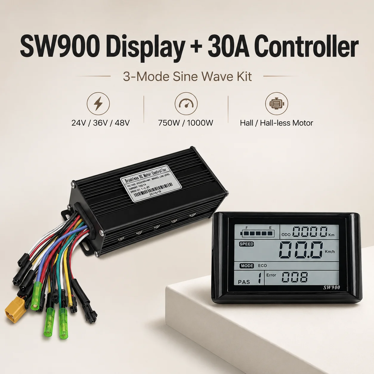 SW900 LCD Display with 30A 3-Mode Sine Wave Controller Kit for E-Bike 24V 36V 48V 750W 1000W Brushless Motor
SW900 LCD Display with 30A 3-Mode Sine Wave Controller Kit for E-Bike 24V 36V 48V 750W 1000W Brushless Motor
