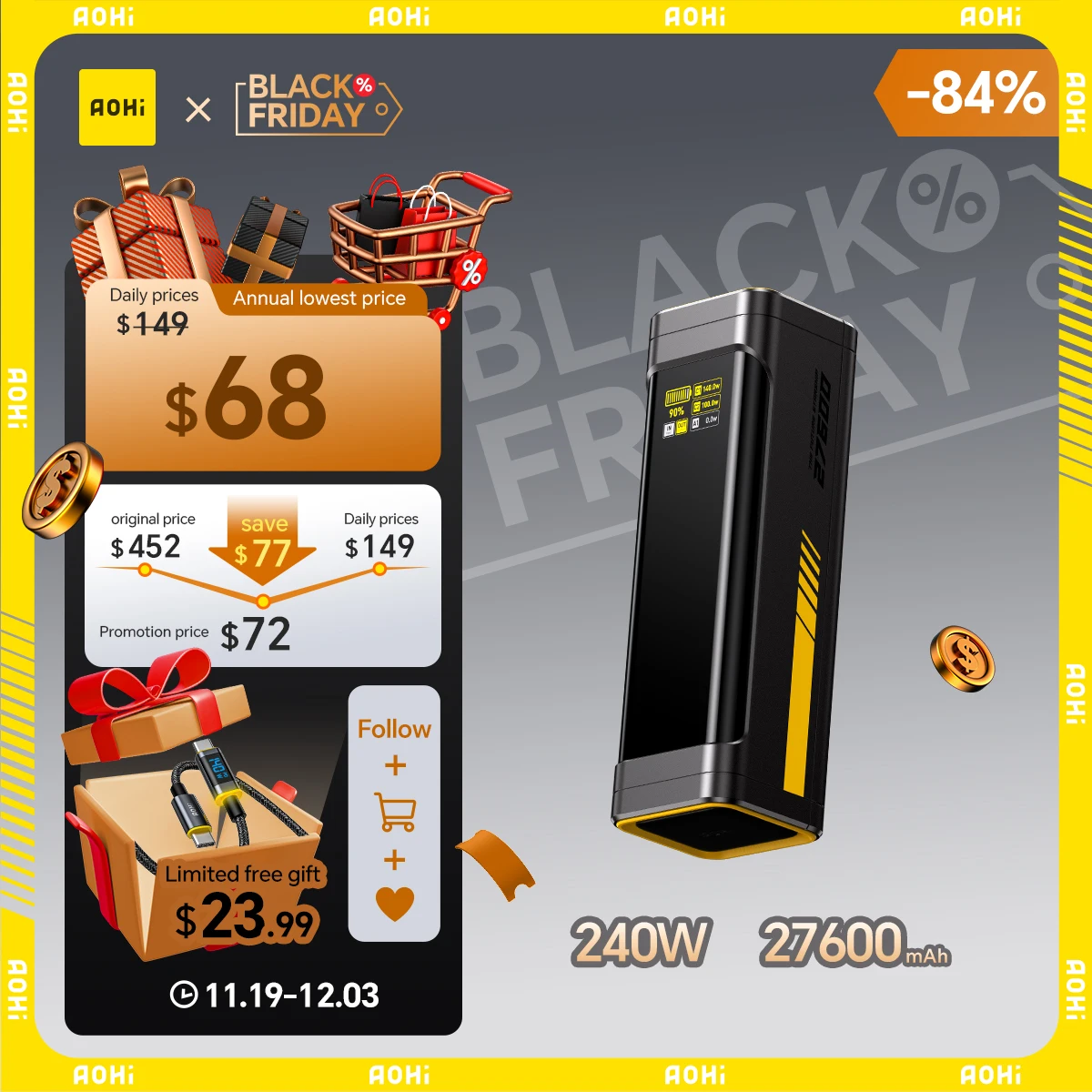 AOHI The Future Starship 240 Вт, 27,600 мАч, внешний аккумулятор со светодиодным дисплеем и кабелем C-C длиной 3 фута
AOHI The Future Starship 240 Вт, 27,600 мАч, внешний аккумулятор со светодиодным дисплеем и кабелем C-C длиной 3 фута