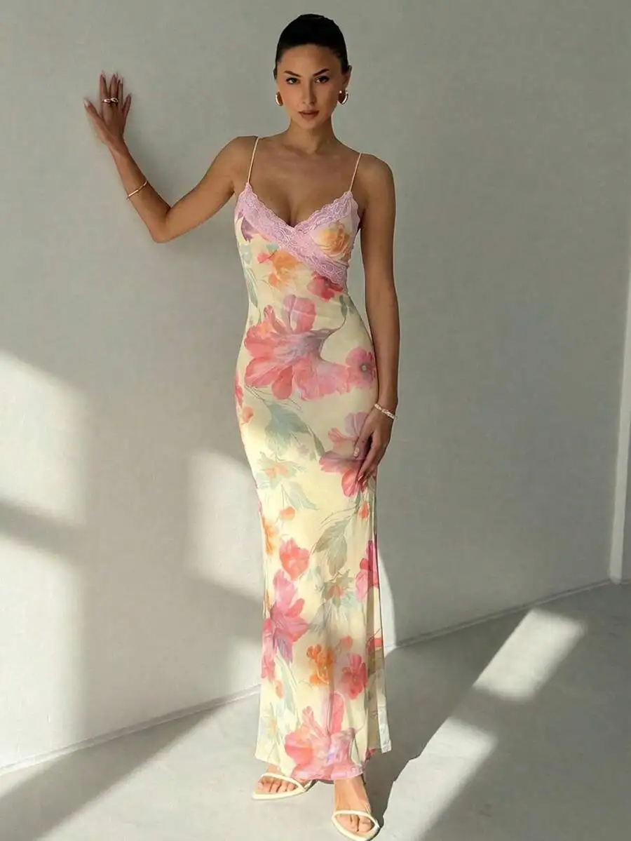 Women Floral Print Lace Trim Spaghetti Strap Maxi Dress Summer Vacation Beach Outfit
Women Floral Print Lace Trim Spaghetti Strap Maxi Dress Summer Vacation Beach Outfit