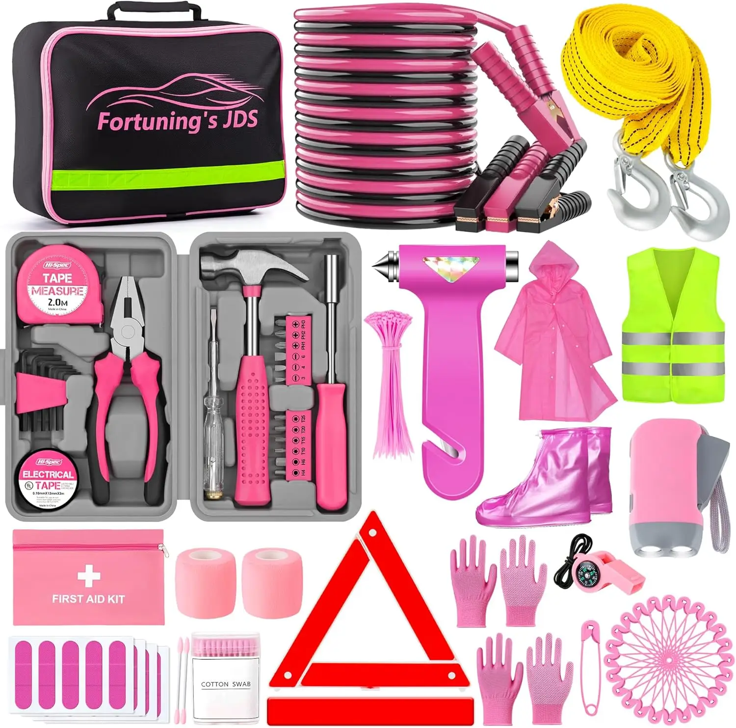 298PCS Roadside Emergency Car Kit with Jumper Cables, Tow Strap, Tools, Gloves, Reflective Triangle
298PCS Roadside Emergency Car Kit with Jumper Cables, Tow Strap, Tools, Gloves, Reflective Triangle