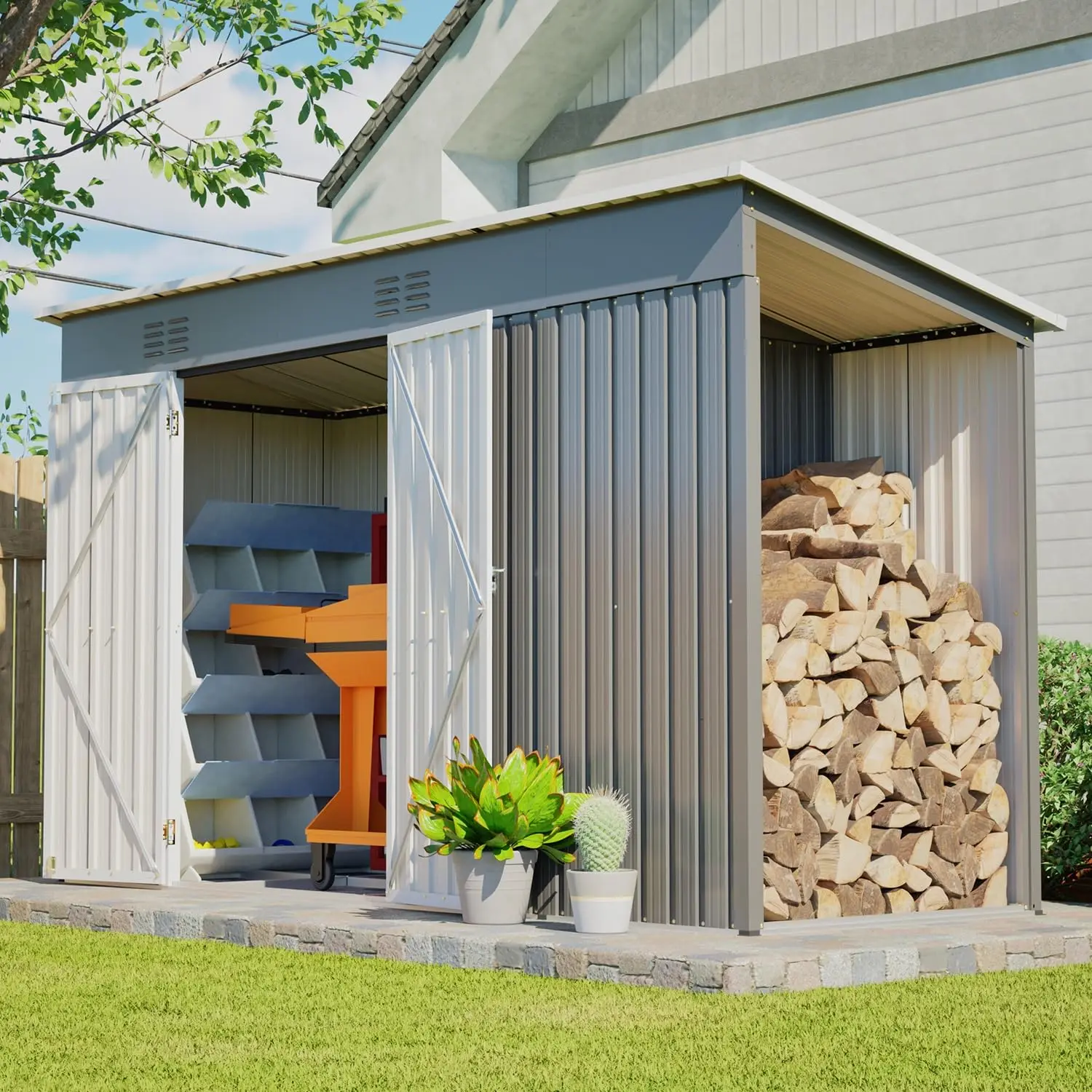 10x4FT Storage Shed w/ Floor Firewood Bay Vents Lockable Doors Aluminum Frame Weatherproof Garden, Customized
10x4FT Storage Shed w/ Floor Firewood Bay Vents Lockable Doors Aluminum Frame Weatherproof Garden, Customized