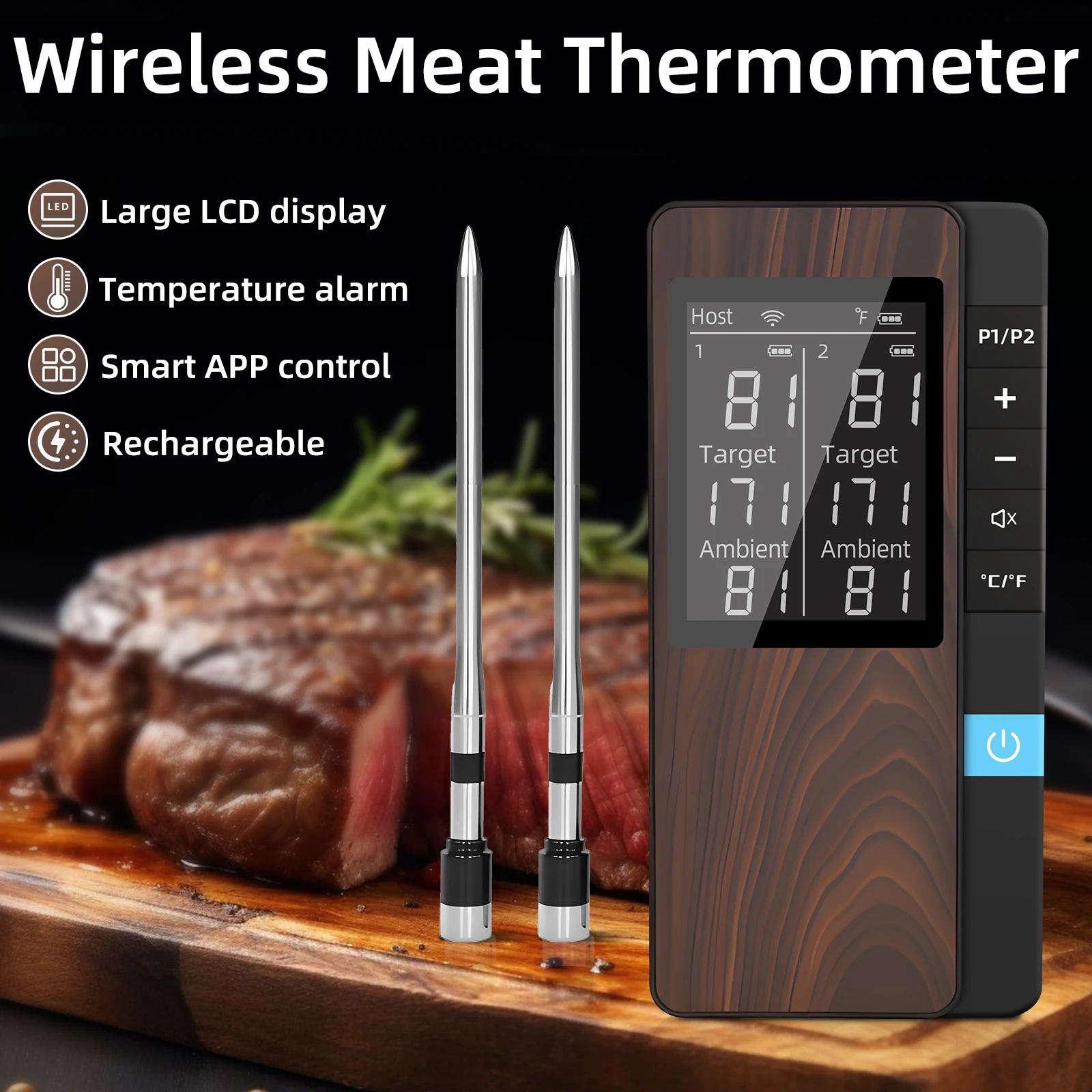 Беспроводной термометр для мяса, цифровой Bluetooth двойной зонд, перезаряжаемый с мобильным приложением и усилителем сигнала для гриля-барбекю
Беспроводной термометр для мяса, цифровой Bluetooth двойной зонд, перезаряжаемый с мобильным приложением и усилителем сигнала для гриля-барбекю