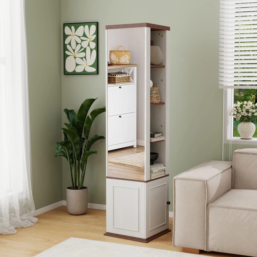 360° Rotating Storage Cabinet with Full-Length Mirror,total of 8 open shelves on both sides, One Side Hooks,1 Door with a Shelve
360° Rotating Storage Cabinet with Full-Length Mirror,total of 8 open shelves on both sides, One Side Hooks,1 Door with a Shelve