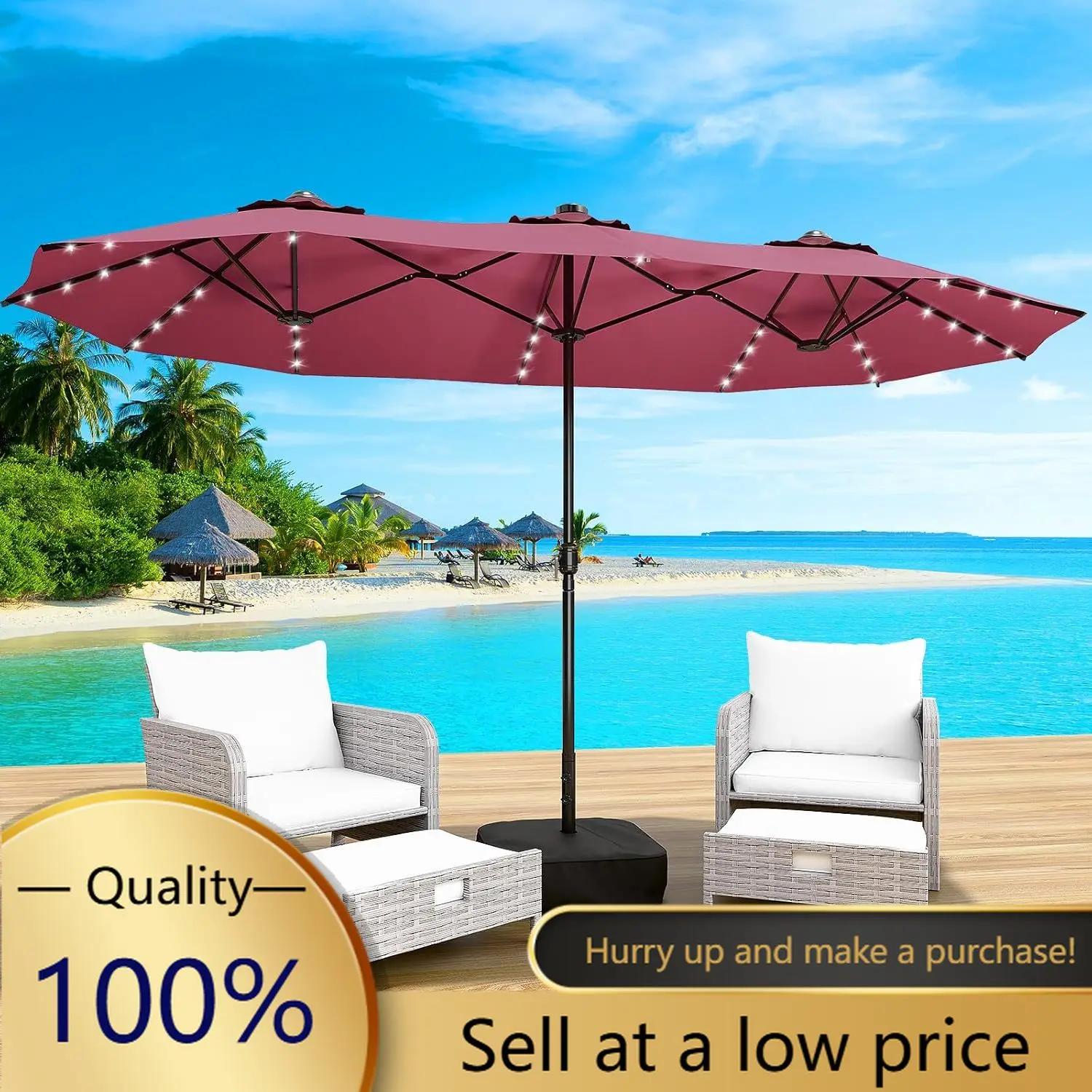 15FT Large Patio Umbrella with Base & Solar LED Lights - Double-Sided,Red
15FT Large Patio Umbrella with Base & Solar LED Lights - Double-Sided,Red