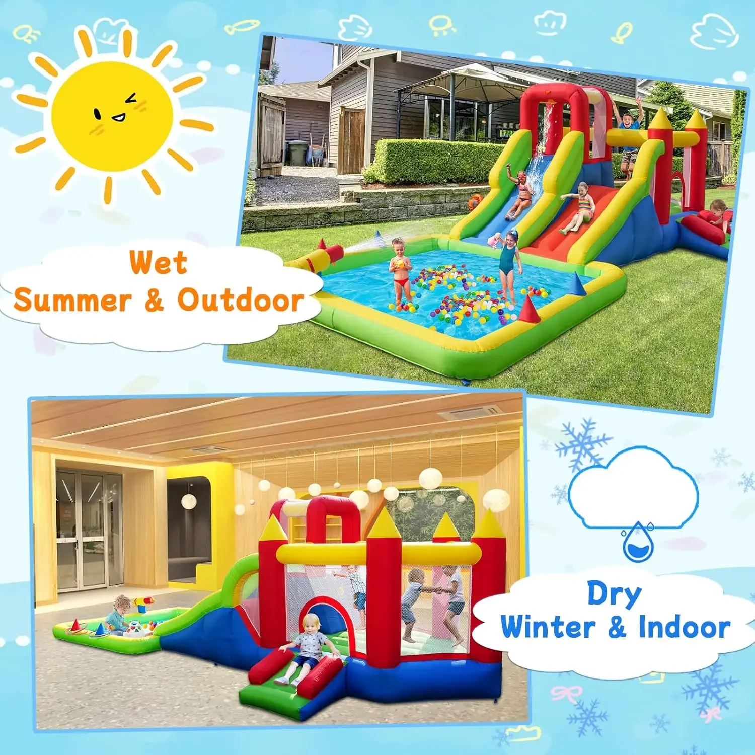 10-in-1 Inflatable Water Park - Giant Bounce House with 2 Water Slides, Big Splash Pool, Water Cannons, Climbing Wall, Tunnels &
10-in-1 Inflatable Water Park - Giant Bounce House with 2 Water Slides, Big Splash Pool, Water Cannons, Climbing Wall, Tunnels &