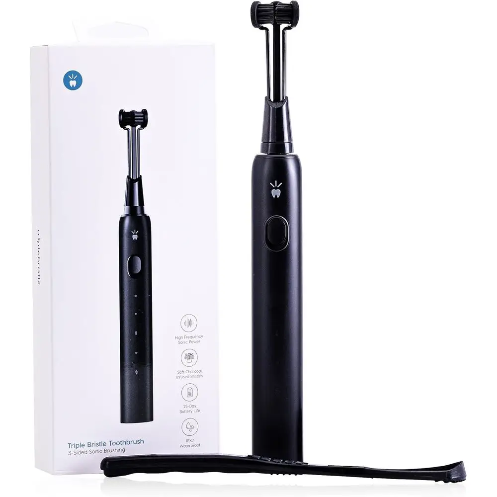 Triple-Sided Electric Toothbrush with 4 Enamel-Safe Bristles, Charcoal Infused, Rechargeable & Waterproof
Triple-Sided Electric Toothbrush with 4 Enamel-Safe Bristles, Charcoal Infused, Rechargeable & Waterproof