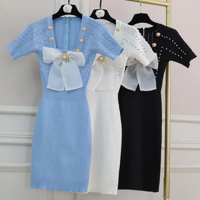 2022 summer French style small fragrance short-sleeved ice silk knitted dress women heavy-duty beading bow package hip dress
2022 summer French style small fragrance short-sleeved ice silk knitted dress women heavy-duty beading bow package hip dress