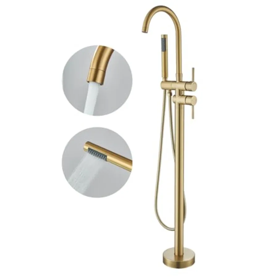 Freestanding bathtub faucet for bathroom use, brushed gold finish, brass construction, high-flow swivel spout with handheld sho
Freestanding bathtub faucet for bathroom use, brushed gold finish, brass construction, high-flow swivel spout with handheld sho