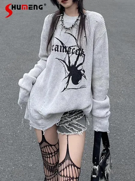 Punk Vintage Ripped Sweater Womens Autumn Winter Harajuku Streetwear Fashion Spider Jacquard Loose Mid-length Knitted Pullovers
Punk Vintage Ripped Sweater Womens Autumn Winter Harajuku Streetwear Fashion Spider Jacquard Loose Mid-length Knitted Pullovers