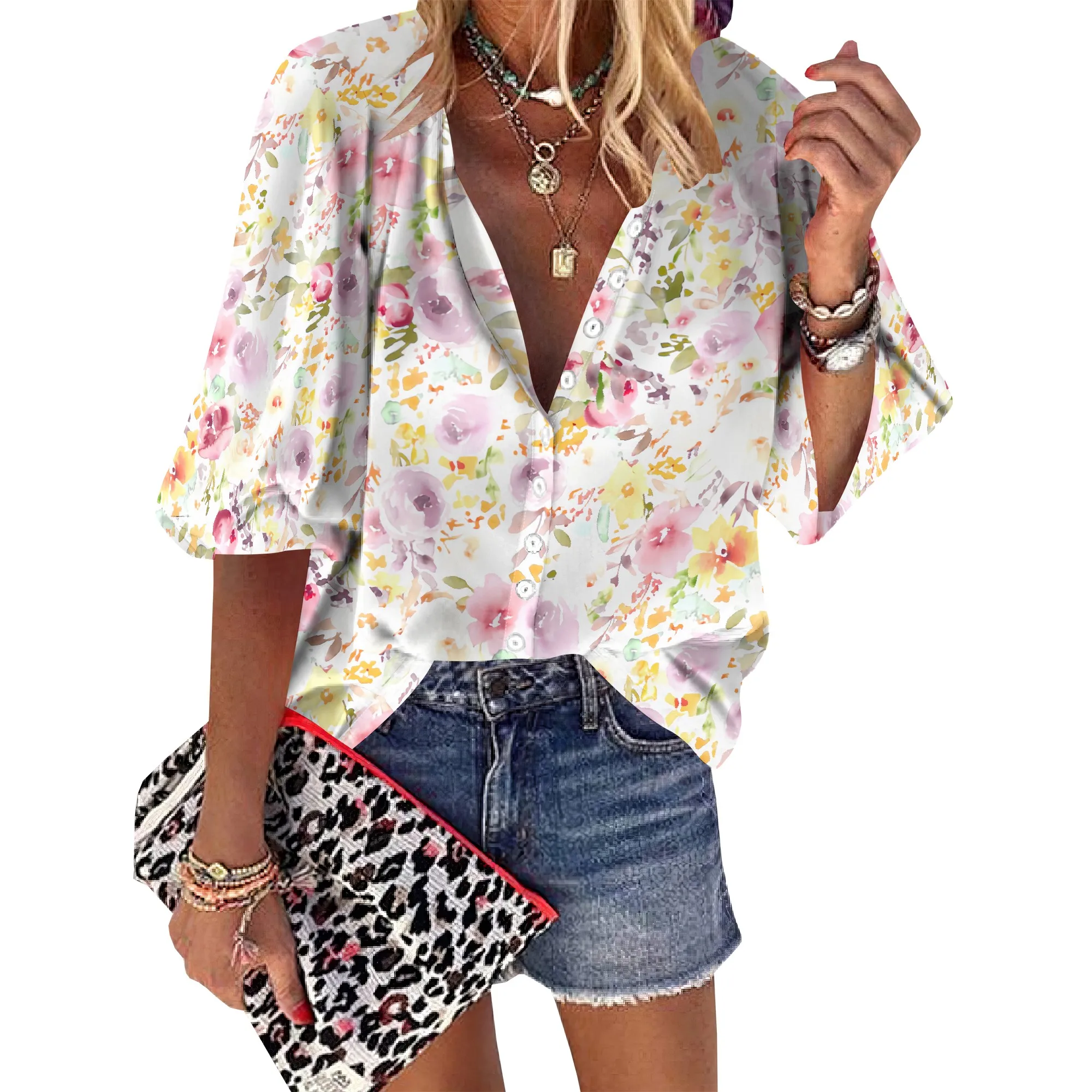 Women's Business Casual Romantic Watecolor Floral Pattern Tops Summer 3/4 Sleeve Button Down Floral Shirts V Neck Blouses
Women's Business Casual Romantic Watecolor Floral Pattern Tops Summer 3/4 Sleeve Button Down Floral Shirts V Neck Blouses