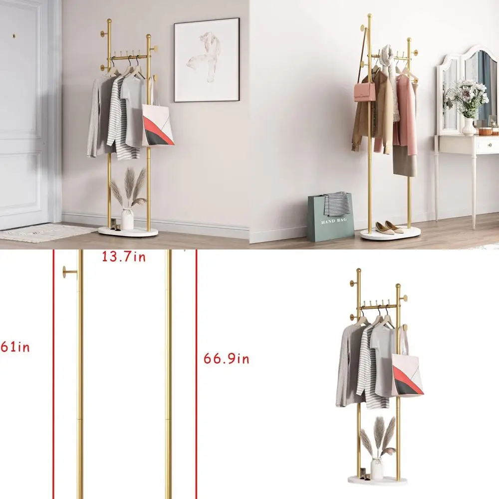 Freestanding Gold Coat Rack with Marble Base and Shelves, Ideal for Boutiques and Bedrooms
Freestanding Gold Coat Rack with Marble Base and Shelves, Ideal for Boutiques and Bedrooms