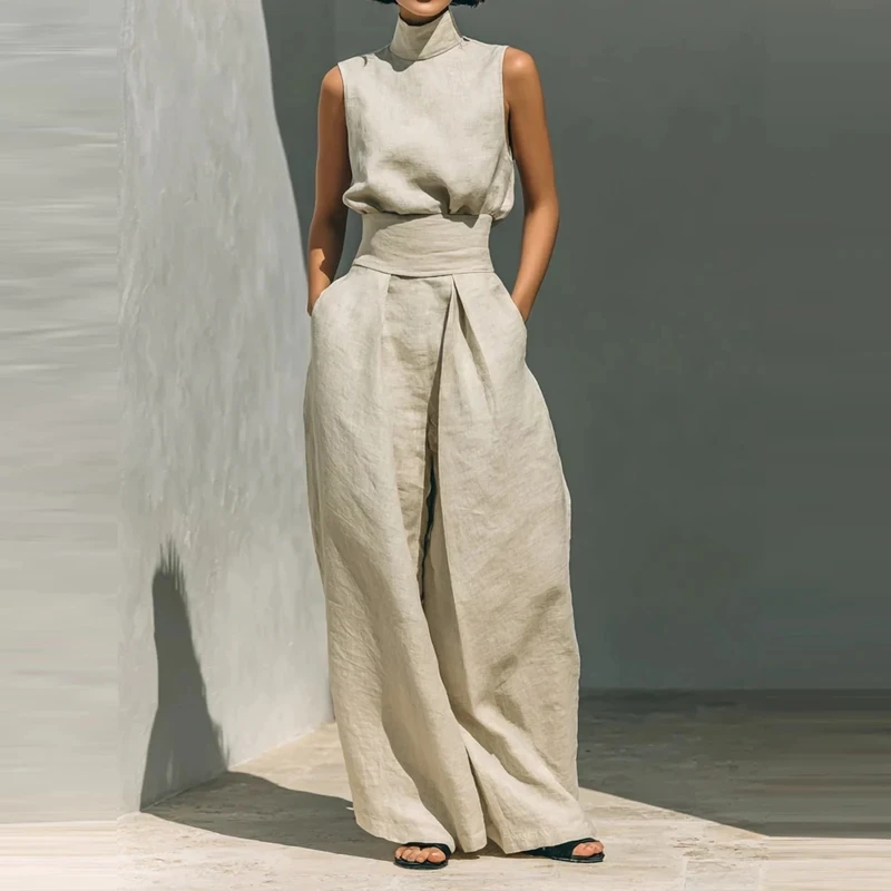 Summer New Solid Linen Commute Outfits Lady Simple Slim Beach Vacation Two Piece Set Turtleneck Sleeveless Vest&Pocket Pants Set
Summer New Solid Linen Commute Outfits Lady Simple Slim Beach Vacation Two Piece Set Turtleneck Sleeveless Vest&Pocket Pants Set