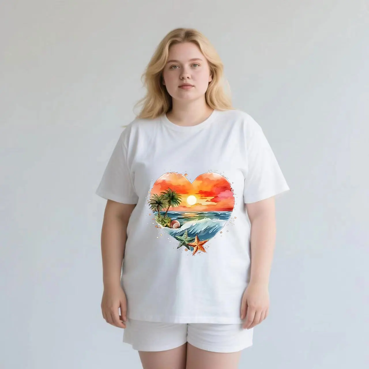 Cartoon Landscape Love Pattern Printing plus size Ladies' casual short sleeved T-shirt white
Cartoon Landscape Love Pattern Printing plus size Ladies' casual short sleeved T-shirt white