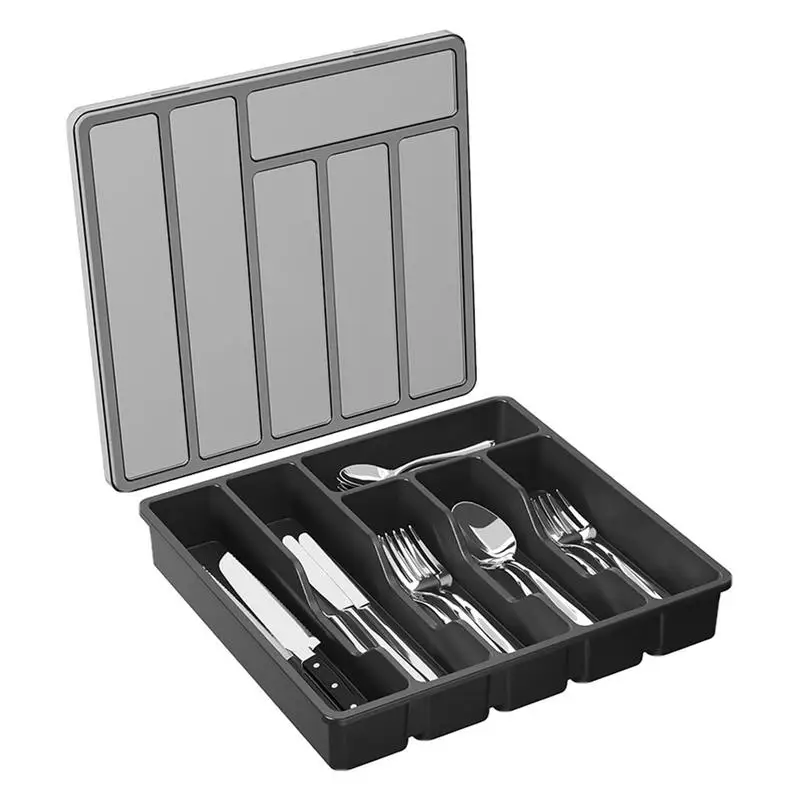 Silverware Drawer Organizer With Lid Utensil Tray for Kitchen Flatware and Cutlery Holder Black Cutlery Organizer
Silverware Drawer Organizer With Lid Utensil Tray for Kitchen Flatware and Cutlery Holder Black Cutlery Organizer