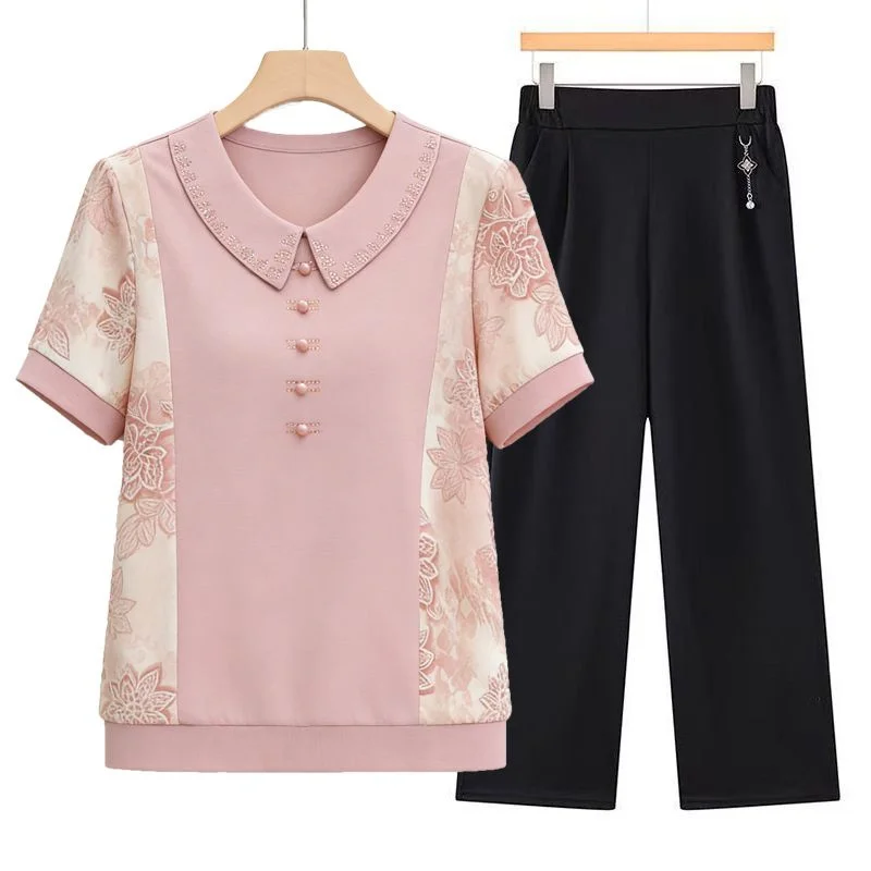 Korean Ladies Fashion Tops Pants 2PCS Summer Middle Aged Mother Short Sleeved Pantalons Two-piece Set Female Large Size 5XL Suit
Korean Ladies Fashion Tops Pants 2PCS Summer Middle Aged Mother Short Sleeved Pantalons Two-piece Set Female Large Size 5XL Suit