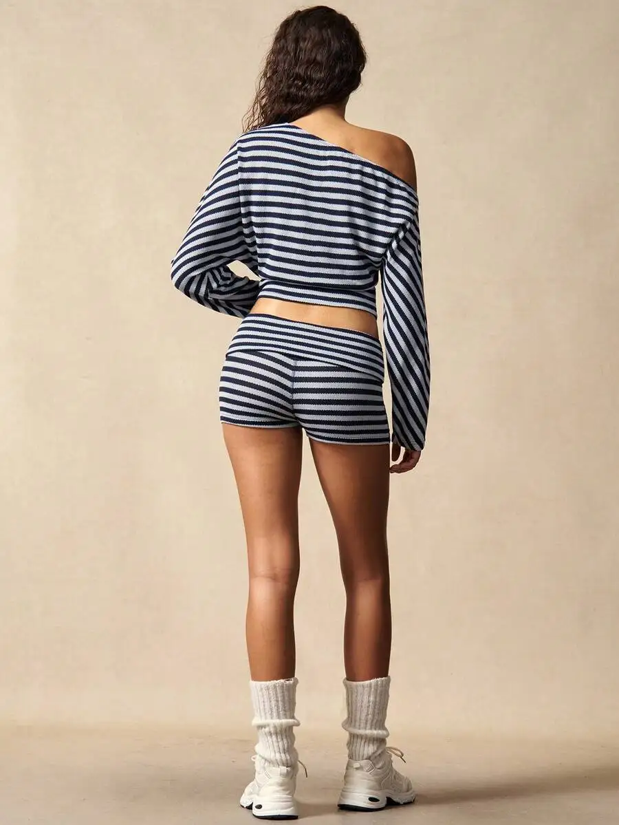 Women Blue Striped Off-Shoulder Long Sleeve Top And Fold-Up Waist Shorts Set
Women Blue Striped Off-Shoulder Long Sleeve Top And Fold-Up Waist Shorts Set