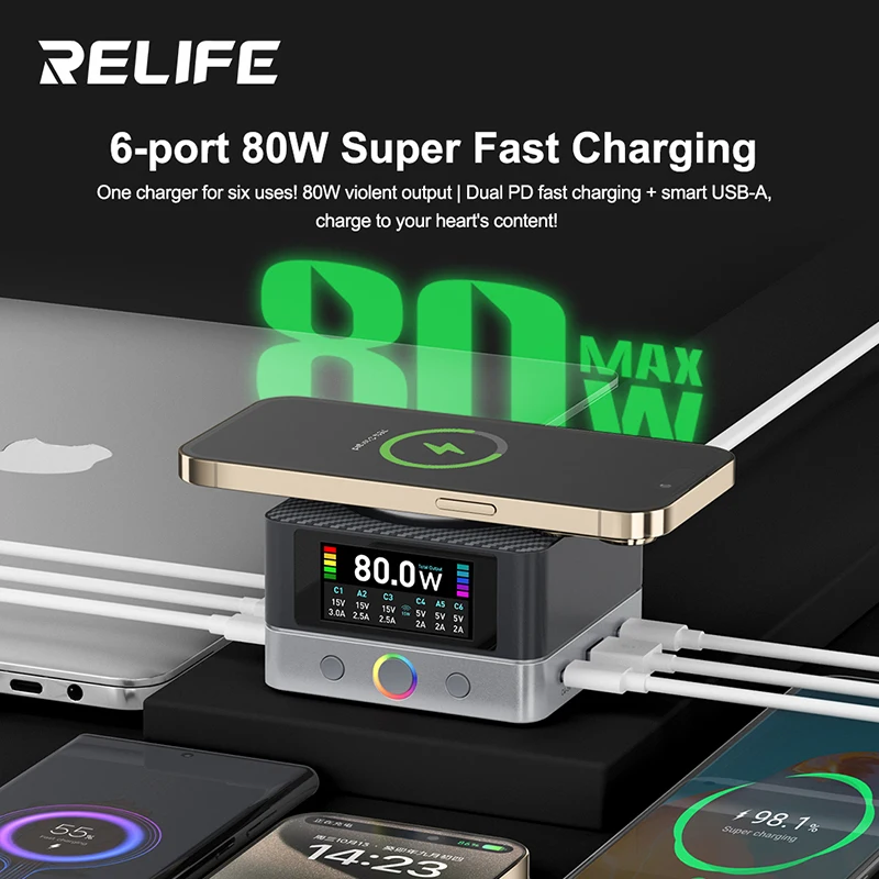RELIFE Q7 6-портовое интеллектуальное зарядное устройство мощностью 80 Вт, цветной экран HD большого размера, интеллектуальное распределение энергии для электронных устройств
RELIFE Q7 6-портовое интеллектуальное зарядное устройство мощностью 80 Вт, цветной экран HD большого размера, интеллектуальное распределение энергии для электронных устройств