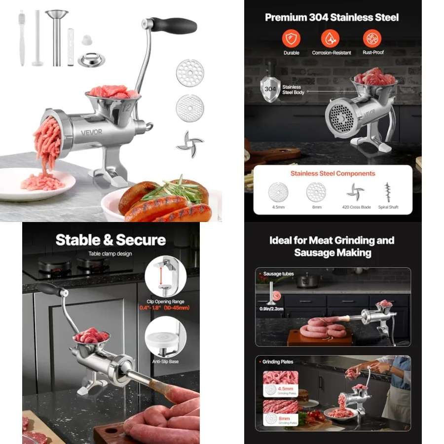 Manual Meat Grinder, 304 Stainless Steel Meat Grinder with Steel Table Clamp, #12 Meat Mincer Sausage Maker and 2 Cutting Plate
Manual Meat Grinder, 304 Stainless Steel Meat Grinder with Steel Table Clamp, #12 Meat Mincer Sausage Maker and 2 Cutting Plate