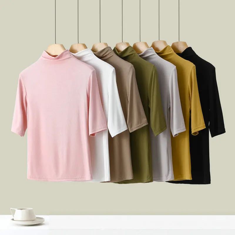 Rib Mockneck Bottoming Tshirts Women Spring Slim T-shirt Half sleeves Solid color Plus size Base Tee Tops All match
Rib Mockneck Bottoming Tshirts Women Spring Slim T-shirt Half sleeves Solid color Plus size Base Tee Tops All match