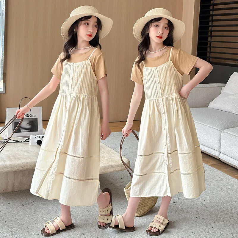 Girls Suits Skirt Halter Cotton Dress T-shirt Set Summer 2024 New Children Long Over Knee Two-piece Set Clothes Suits
Girls Suits Skirt Halter Cotton Dress T-shirt Set Summer 2024 New Children Long Over Knee Two-piece Set Clothes Suits