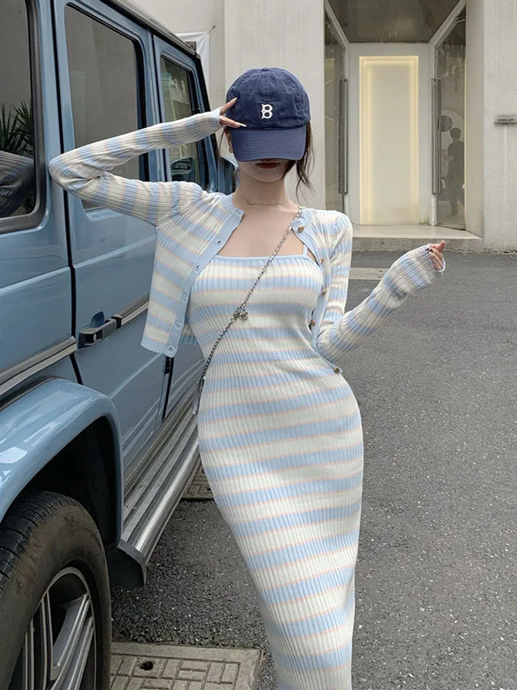 Fall Knitted Striped 2 Piece Set Women Clothing Casual Cardigan Sweater Coat Tops and Spaghetti Strap Bodycon Dress Sets Outfits
Fall Knitted Striped 2 Piece Set Women Clothing Casual Cardigan Sweater Coat Tops and Spaghetti Strap Bodycon Dress Sets Outfits