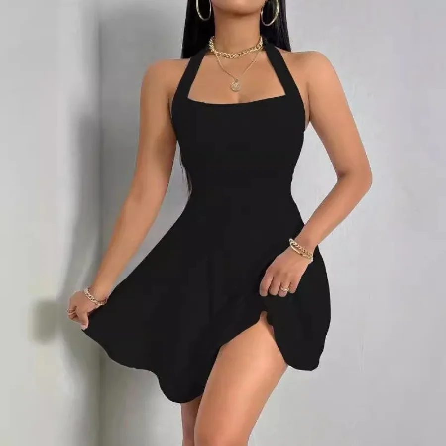 Solid color hanging neck bare back sleeveless dress sexy pink short skirt new fashion little man
Solid color hanging neck bare back sleeveless dress sexy pink short skirt new fashion little man