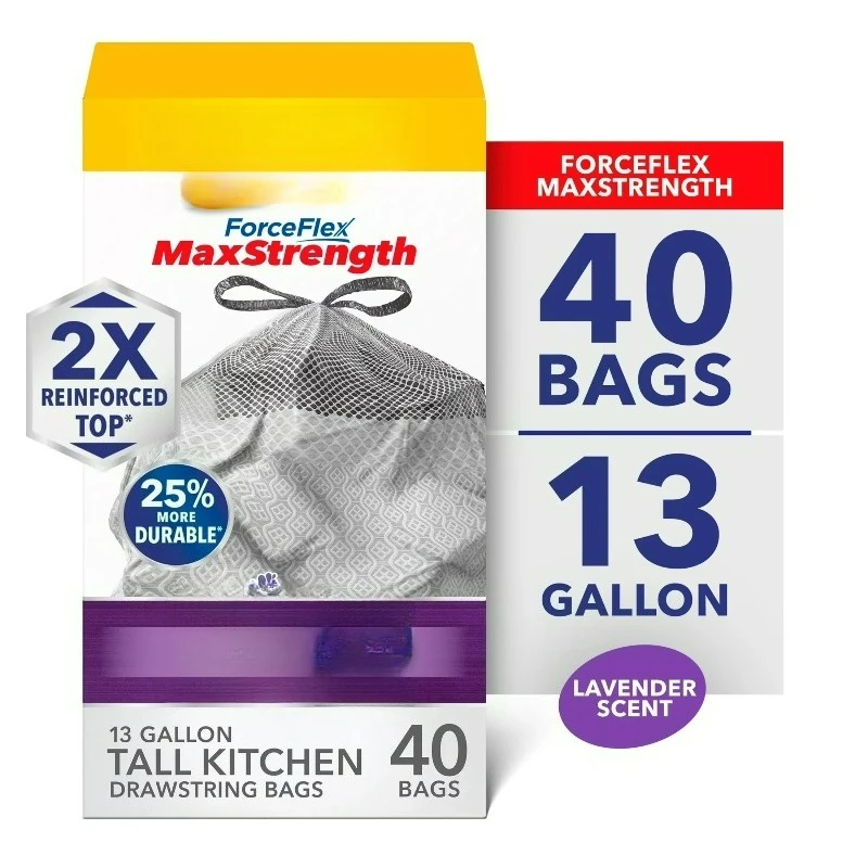 Мешки для мусора ForceFlex MaxStrength Tall Kitchen Drawstring, 13 галлонов, с ароматом лаванды, 40 штук
Мешки для мусора ForceFlex MaxStrength Tall Kitchen Drawstring, 13 галлонов, с ароматом лаванды, 40 штук