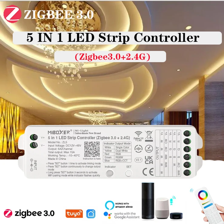 Miboxer 5 in1 (Zigbee 3.0+2.4G) LED Strip Controller ZL5 For Single Color Dual white/RGB/RGBW/RGBCCT Strip Light
Miboxer 5 in1 (Zigbee 3.0+2.4G) LED Strip Controller ZL5 For Single Color Dual white/RGB/RGBW/RGBCCT Strip Light