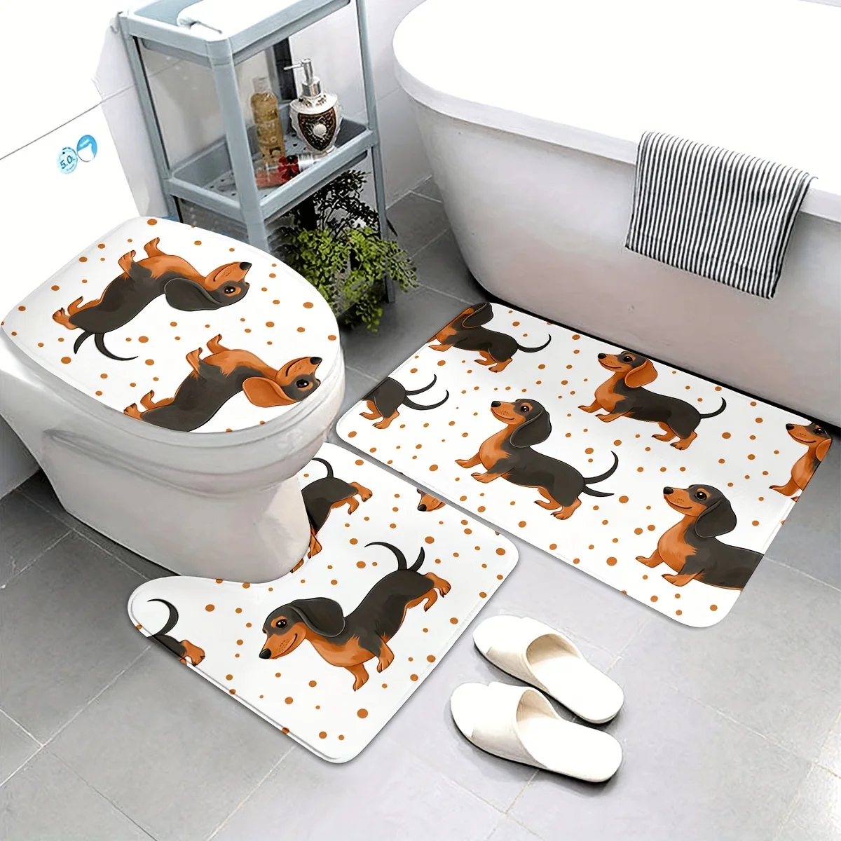 3pcs Dachshund Dog Bathroom Rug Set Non-Slip U-Shaped Mat and Toilet Lid Cover Frankfurter Pattern Washable Indoor Floor Mats
3pcs Dachshund Dog Bathroom Rug Set Non-Slip U-Shaped Mat and Toilet Lid Cover Frankfurter Pattern Washable Indoor Floor Mats