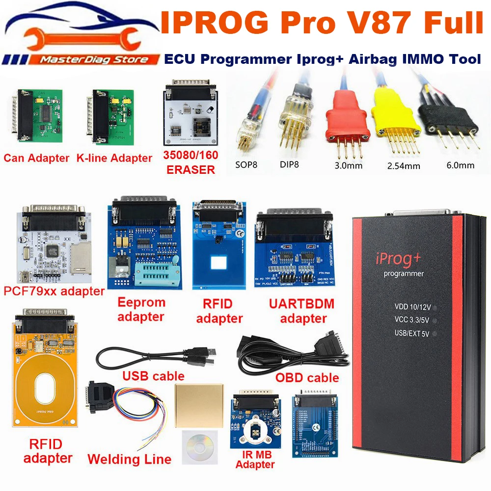 IPROG Pro V87 ECU Key Programmer Full Adapter Tool for IMMO Airbag Dashboard EEPROM Radio Reset Diagnostic OBD Functions Kit V89
IPROG Pro V87 ECU Key Programmer Full Adapter Tool for IMMO Airbag Dashboard EEPROM Radio Reset Diagnostic OBD Functions Kit V89
