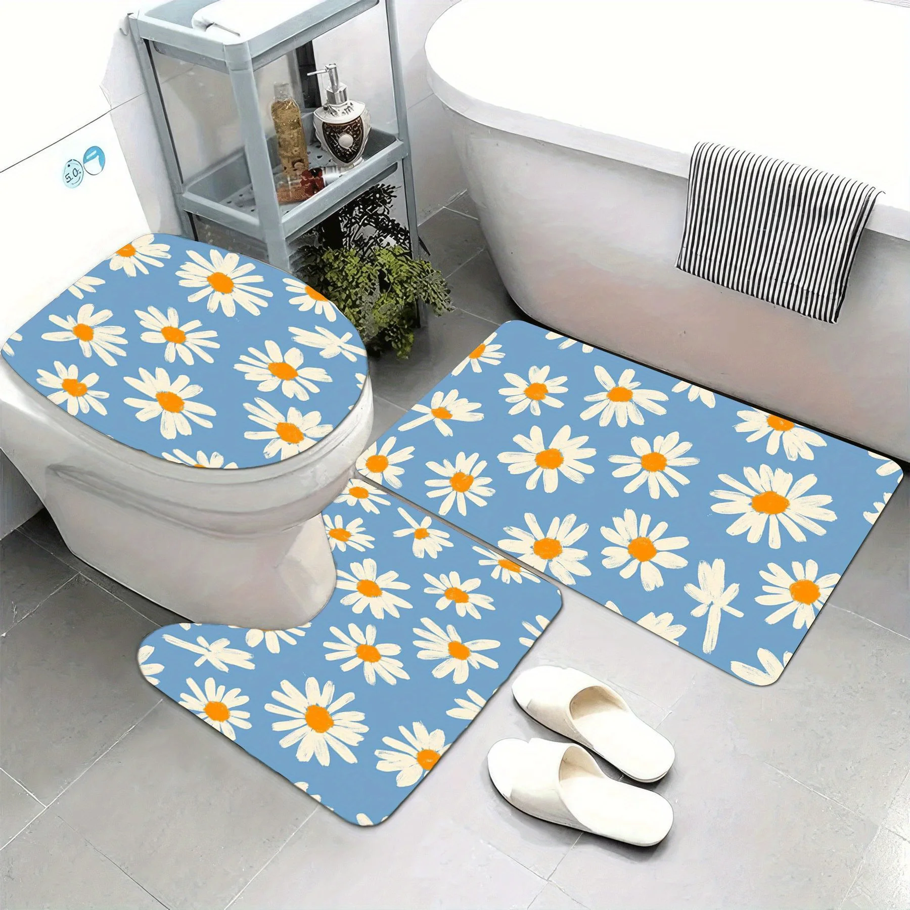 3pc White daisy pattern bathroom set, U-shaped mat, non-slip mat, toilet seat cover, suitable for bathroom decoration.
3pc White daisy pattern bathroom set, U-shaped mat, non-slip mat, toilet seat cover, suitable for bathroom decoration.