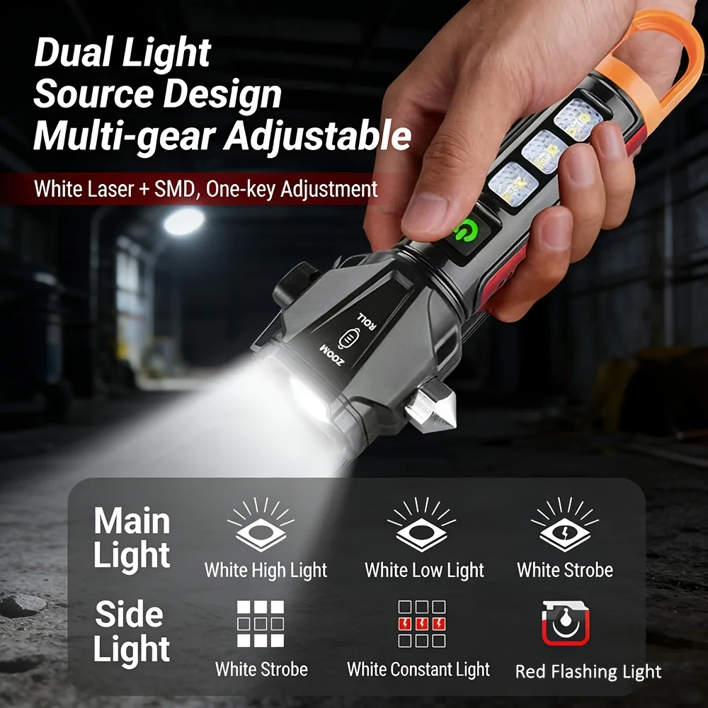 Multi-functional Tactical Flashlight,High Power LED + COB USB Charging, Safety Hammer, Waterproof Aluminum Torch for Emergency
Multi-functional Tactical Flashlight,High Power LED + COB USB Charging, Safety Hammer, Waterproof Aluminum Torch for Emergency